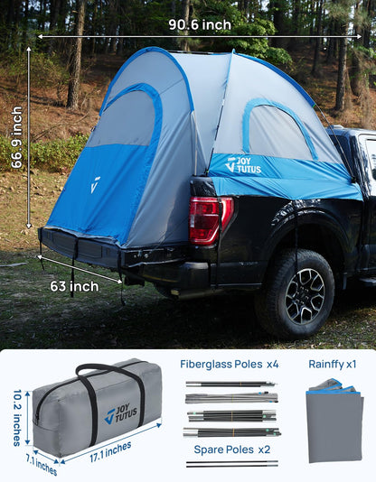 JOYTUTUS Truck Tent, Portable Truck Bed Tent for 5.5'-5.8' with Rainfly, Truck Tent with Fiberglass Pole, Waterproof PU2000mm Double Layer for 2 Person - Blue