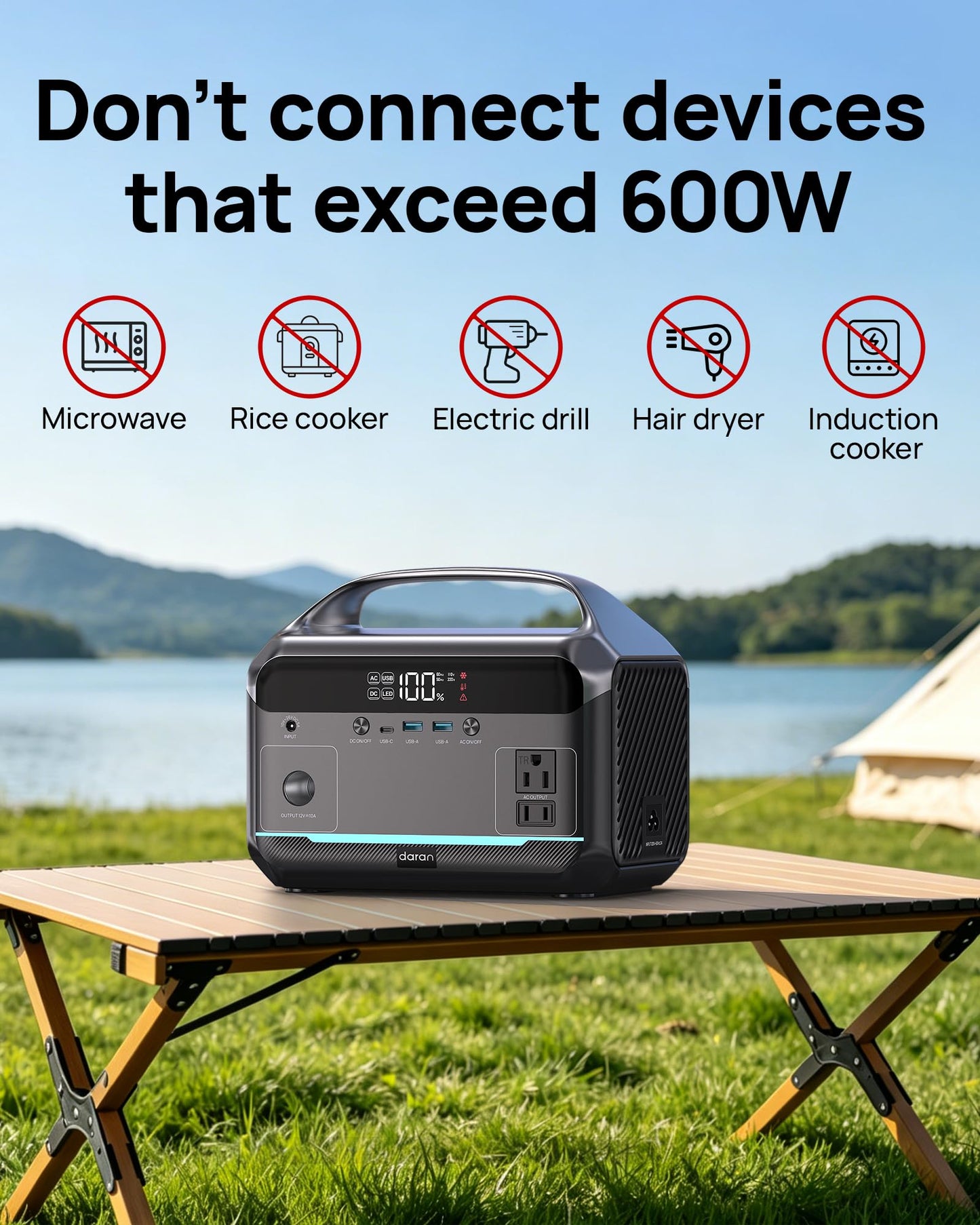 Portable Power Station 1200W Surge, 288Wh LiFePO4 Battery Solar Generator, Power Bank with 600W AC Outlet 110V, PD 100W Output Fast Charging for Outdoors Camping, Home Emergency, Hunting Blackout