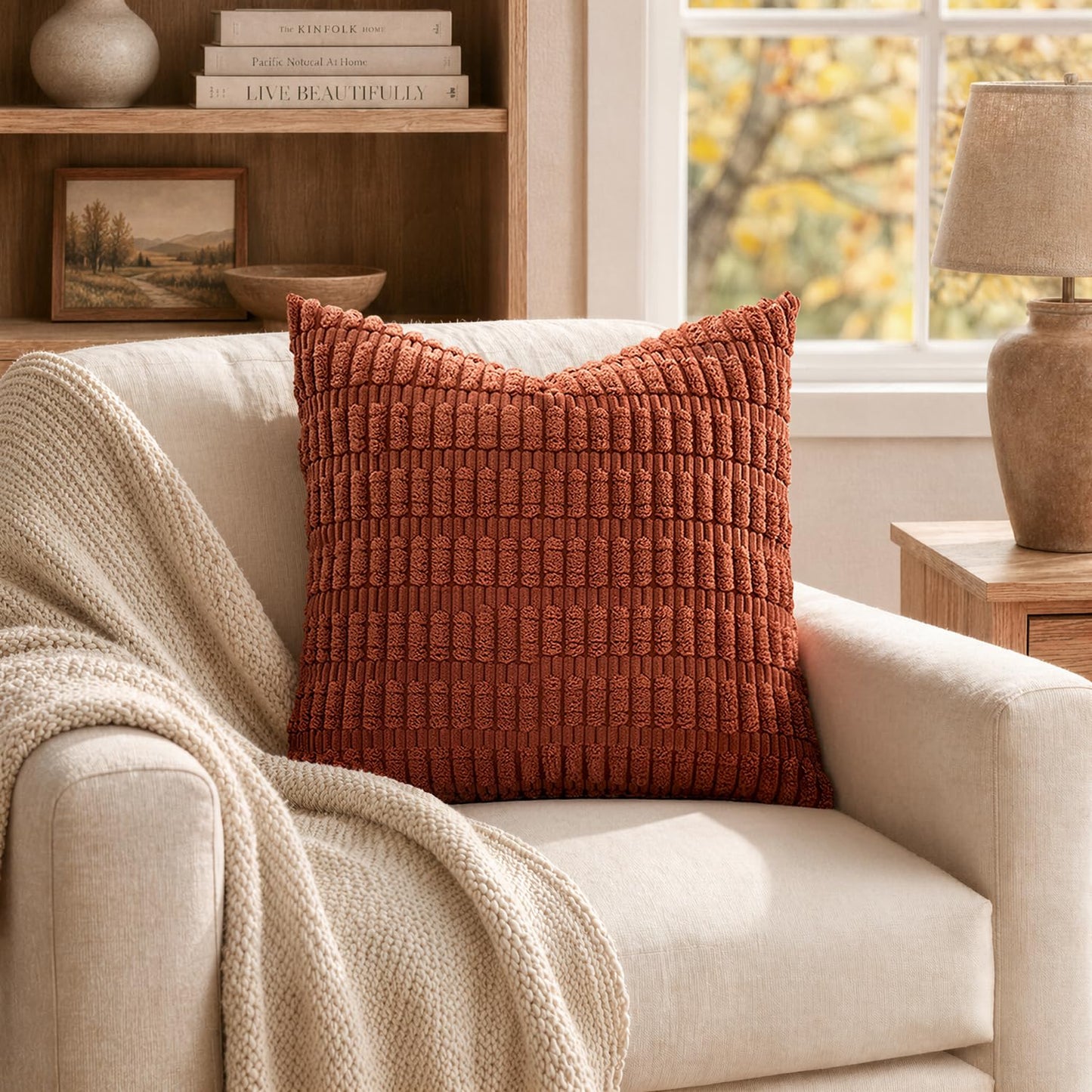 MIULEE Pack of 2 Rust Corduroy Decorative Euro Sham Pillow Covers 22x22 Inch Soft Boho Striped Throw Pillow Covers Modern Farmhouse Home Decor for Summer Sofa Living Room Couch Bed