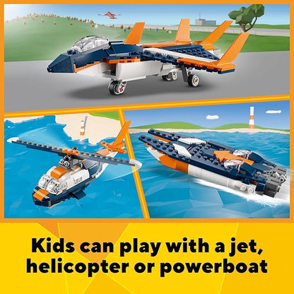 LEGO Creator 3 in 1 Supersonic Jet Plane Toy Set Transforms from Plane to Helicopter to Speed Boat Toy Buildable Vehicle Models for Kids Boys and Girls 7 Plus Years Old 31126