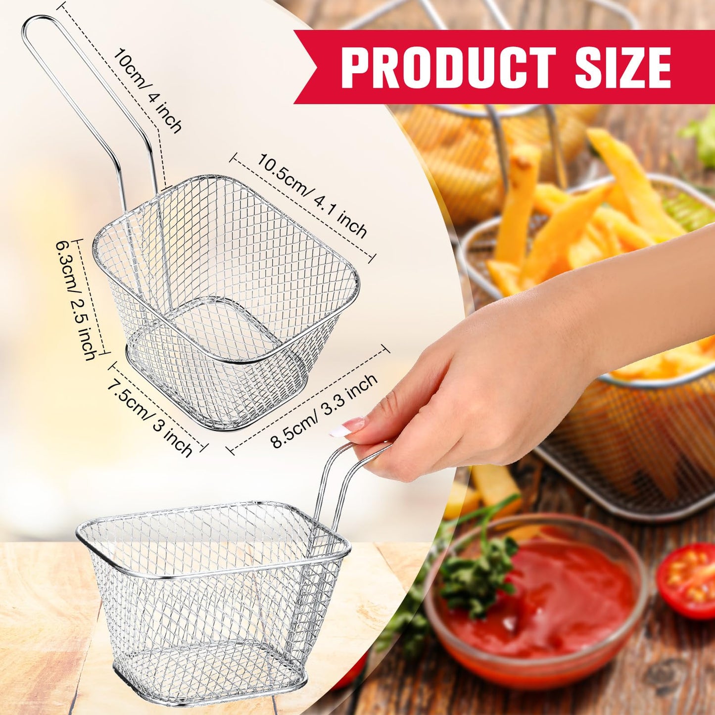 Potchen 96 Pcs Mini Square Fry Basket Stainless Steel French Fries Holder Deep Fryer Baskets Square Mesh Food Holder with Handle Table Serving Chips Baskets for Kitchen Restaurant Barbecue (Sliver)