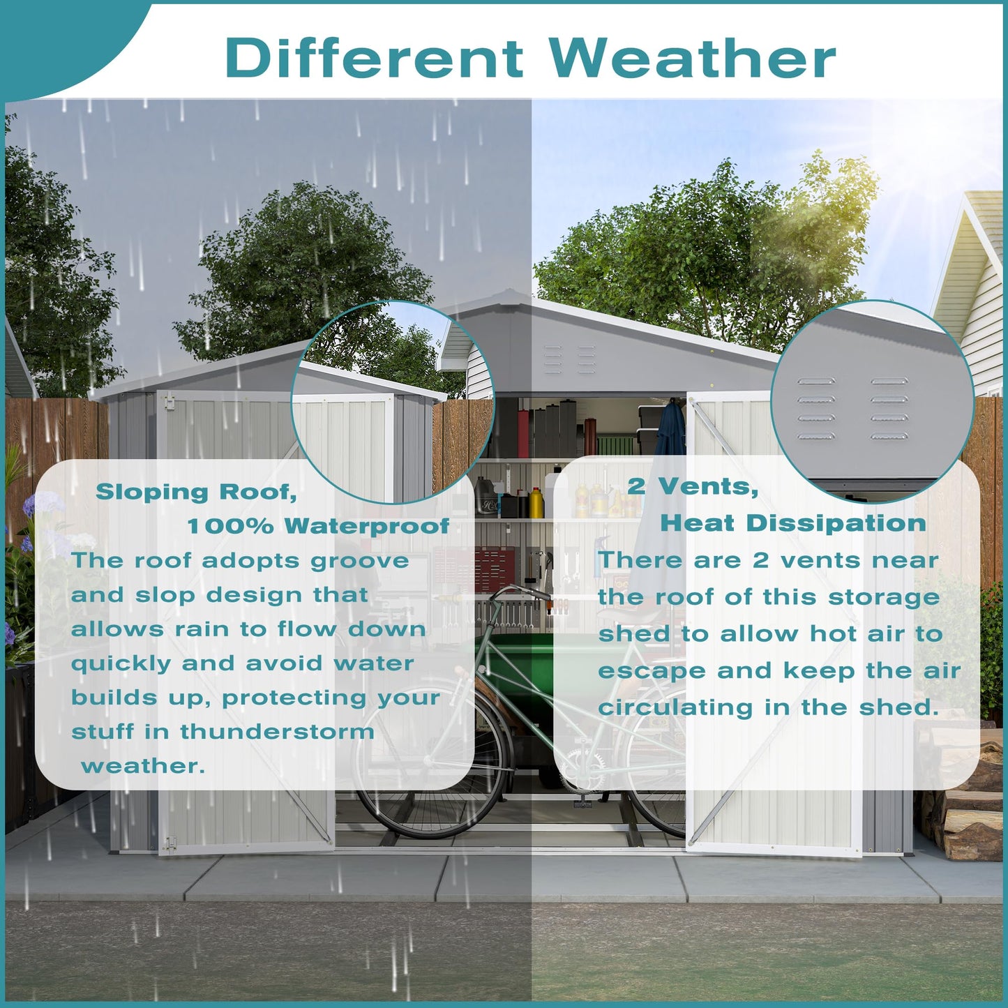 KEIKI 10x12 FT Metal Storage Shed with Reinforced Floor Frame, Outdoor Garden Tool Shed with Lockable Double Doors, Ventilated Galvanized Steel Utility Storage House for Backyard Patio Lawn Equipment
