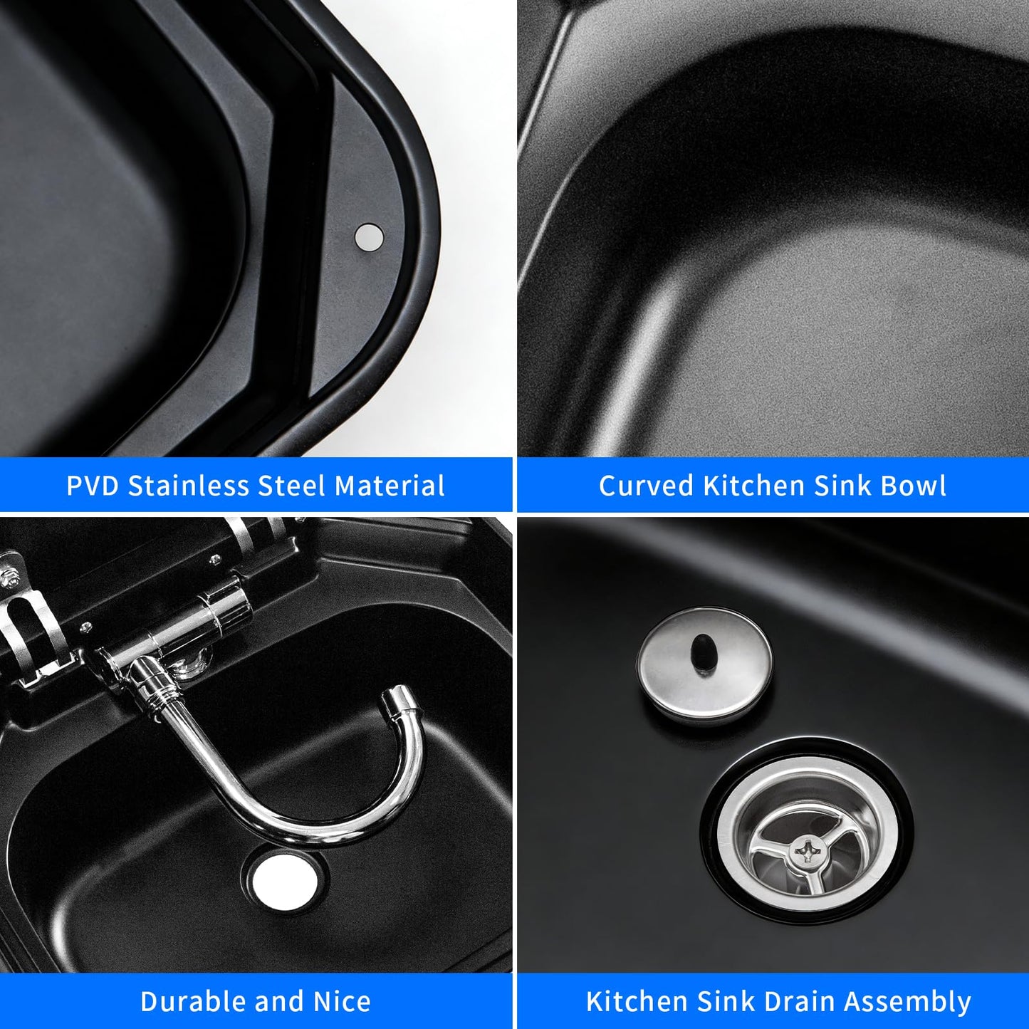 RV Camper Sink，Portable Small Bar 16.54×14.57×5.91 Inch Collapsible Wash Basin Black Kitchen Sink with Faucet Tempered Glass Lid Van Camper Trailer Accessories