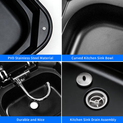 RV Camper Sink，Portable Small Bar 16.54×14.57×5.91 Inch Collapsible Wash Basin Black Kitchen Sink with Faucet Tempered Glass Lid Van Camper Trailer Accessories