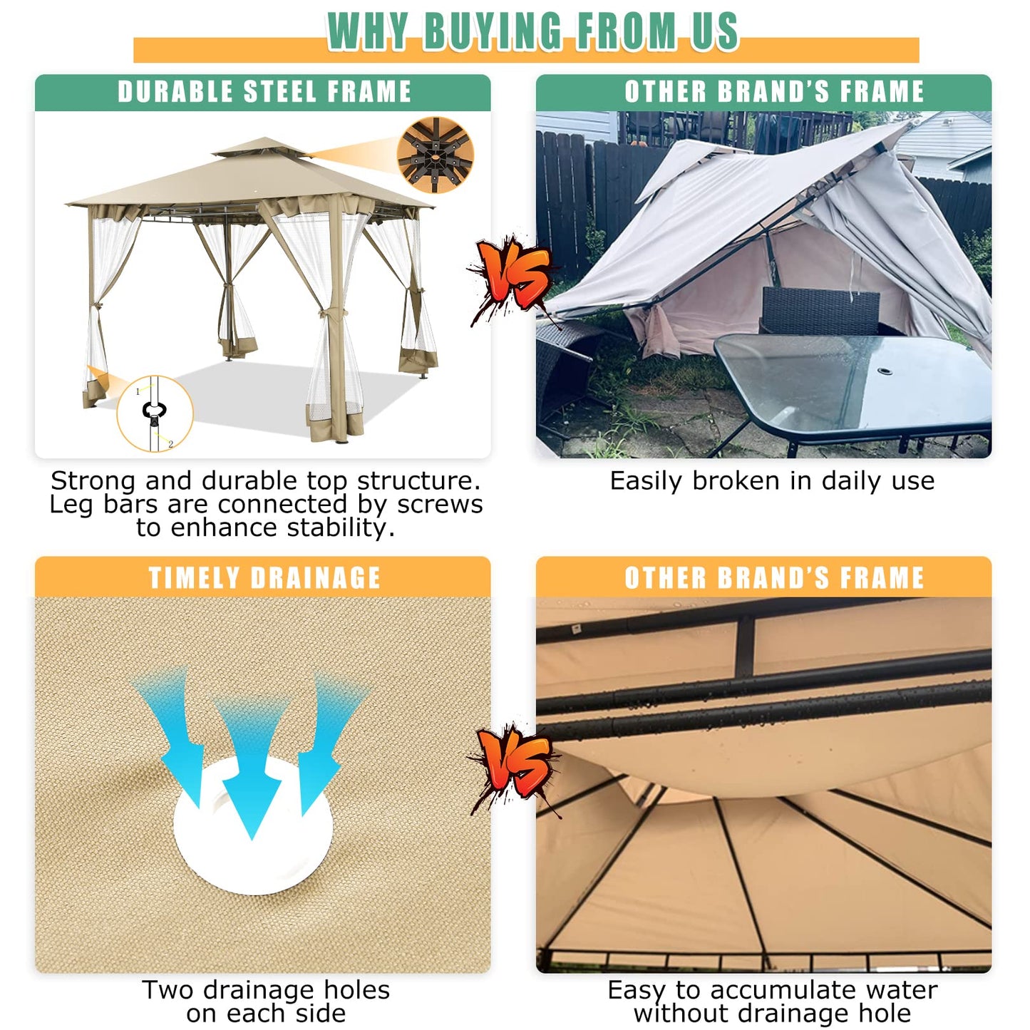 HOTEEL 10’x10’ Gazebo on Clearance, Waterproof Outdoor Gazebo with Mosquito Netting, Double Roof and Heavy Duty Durable Frame, All Weather Easy Assembly for Patio, Backyard, Garden, Windproof