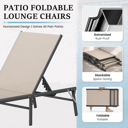 UDPATIO Foldable Patio Lounge Chair Sets with Side Table, No Assembly Outdoor Chaise Lounge with 5-Positions, Poolside Lounge Chairs with Portable Design for Pool, Beach, Deck, Backyard
