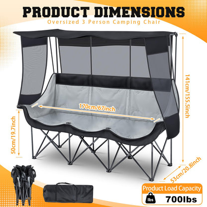 Teenyyou 3 Person Camping Chair with Canopy – Ultimate UV Sun Protection, 700lbs Heavy Duty Oversized Beach Chair, Foldable Portable Sofa with Cup Holder & Storage for Beach Lawn Outdoor(Black)