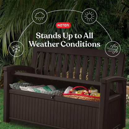 Keter 60 Gallon Storage Bench Deck Box for Patio Furniture, Front Porch Decor and Outdoor Seating – Perfect to Store Garden Tools