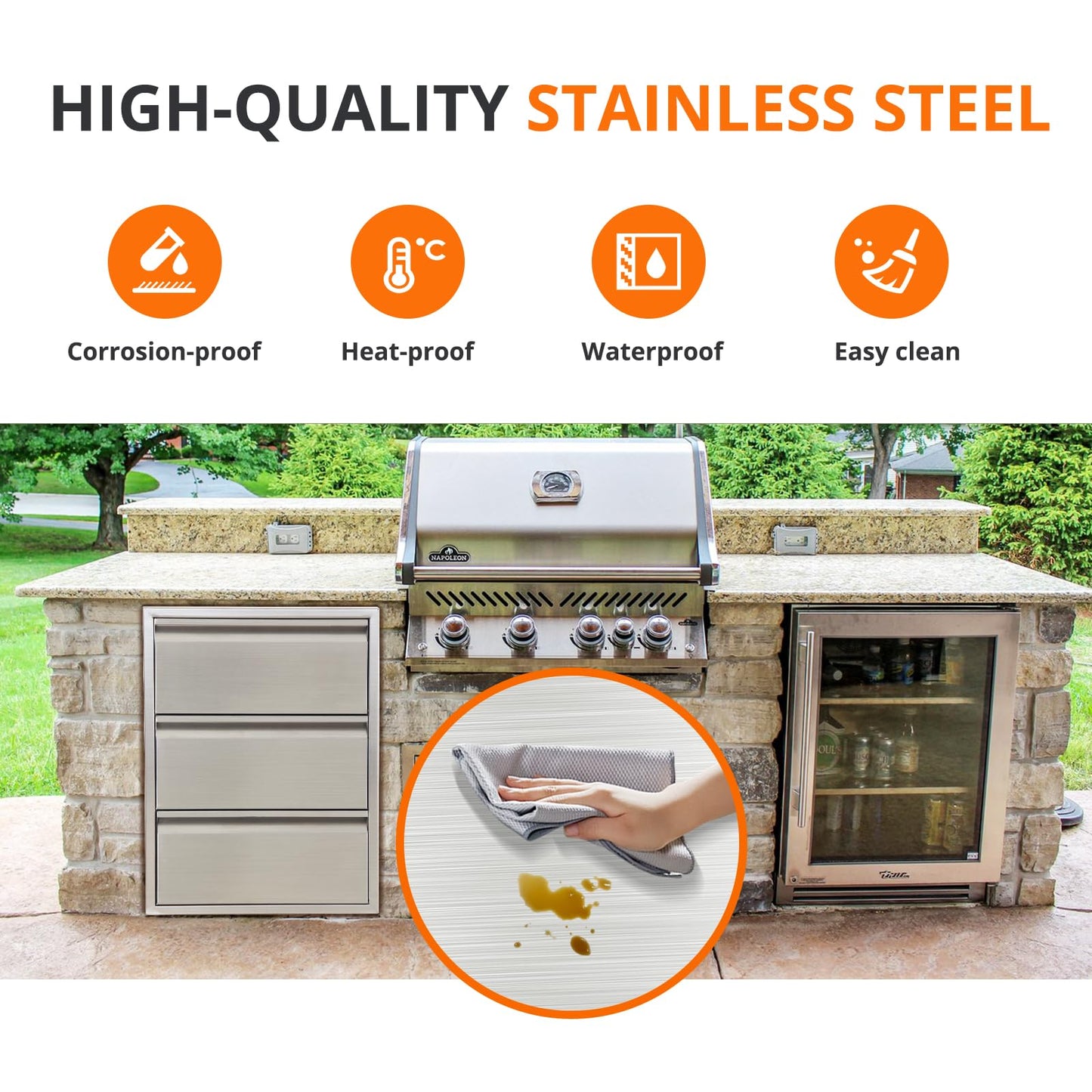 Outdoor Kitchen Access Drawers with Paper Towel Holder,16" W x 21" H x 23"D Stainless Steel Flush Mount BBQ Drawers with Grooved Handle,for Outdoor Kitchen Island or Patio Grill Station,3-Layer