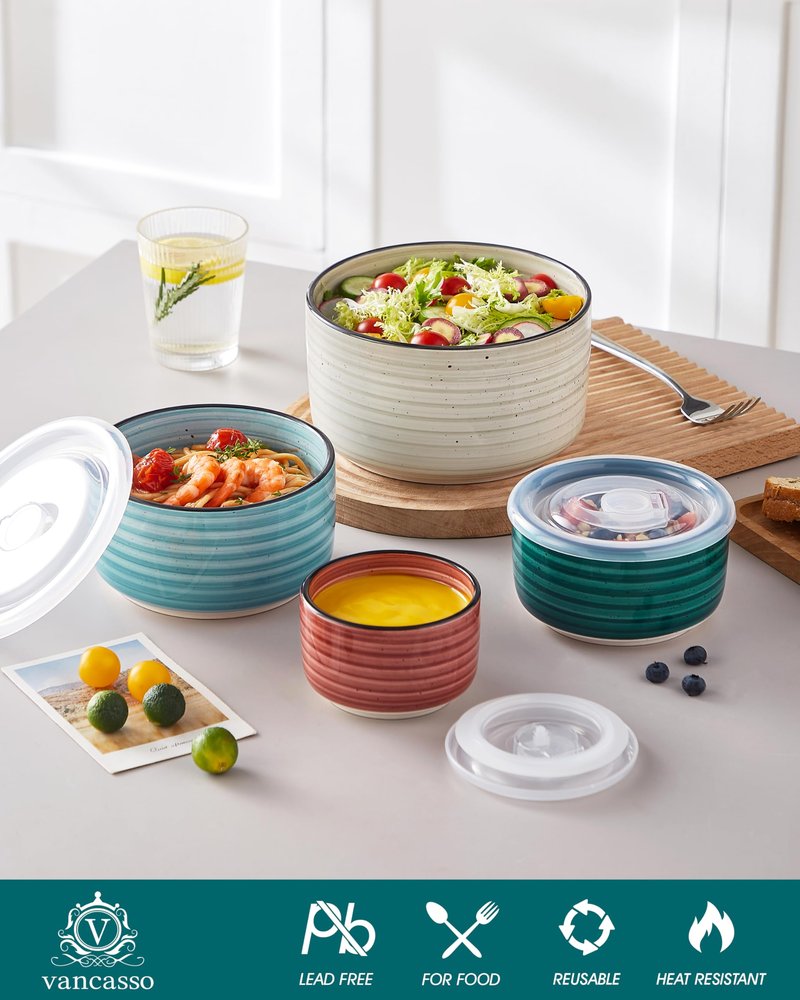 vancasso Ceramic Serving Bowls With Lids Set of 4, Airtight Nesting Bowls for Food Storage, Meal Prep, Leftovers, Microwave and Dishwasher Safe, 60/36/20/10 oz