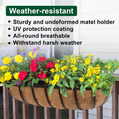 DUNCHATY 24 Inch Railing Planter 2 Pack - Adjustable Metal Window Box Planter with Coco Liner for Deck Balcony Porch Fence - Outdoor Hanging Flower Basket for Herbs & Flowers