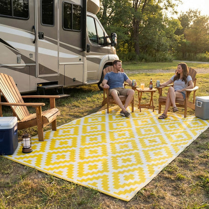 FH Home Outdoor Camping Rug - Waterproof, Fade Resistant, Reversible - Premium Recycled Plastic - Geometric - Large Patio, Deck, Sunroom, RV - Aztec - Yellow & White - 9 x 18 ft Foldable