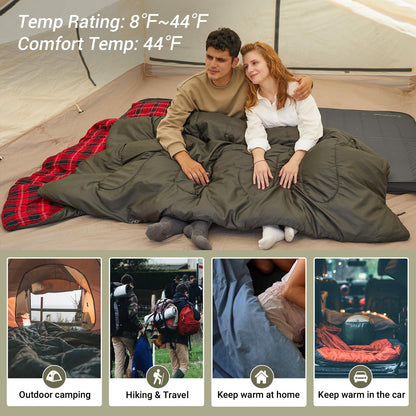 KingCamp Double Sleeping Bag for Adults, Queen Size 2 Person XXL Flannel Sleeping Bag, Waterproof Lightweight Flannel Quilt with 2 Pillows, Perfect for Couples Family Camping Hiking, Green