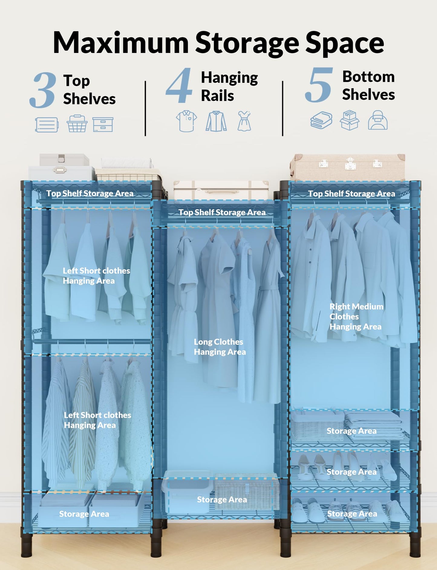 UILNHK Heavy Duty Clothes Rack, Metal Garment Rack 59" W x 15.8" D x 76" H with Hooks, Freestanding Clothing Racks for Hanging Clothes, Portable Closet Organizer 900LBS Max Load, Easy Assembly-Black
