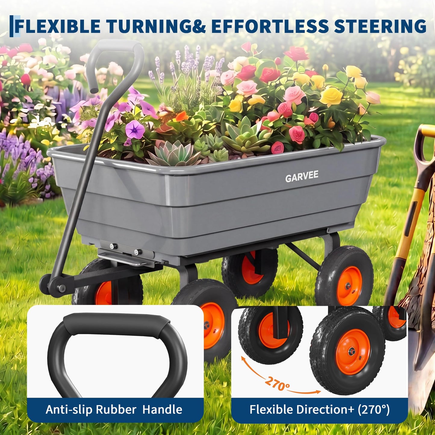 GarveeLife Poly Garden Dump Cart, 600 lb Wheelbarrow Yard Cart with 10 in Wheels, Quick-Dump & Towable Utility Wagon for Yard, Soil, Rocks（Gray）