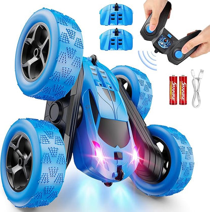 Remote Control Car RC Cars Toys for Kids Ages 6-12 4WD Stunt Car with LED Lights &amp 360° Flips 2.4GHz Upgraded USB-C Modular Batteries 8-10 Year Old Boys Birthday Gift 1-Blue