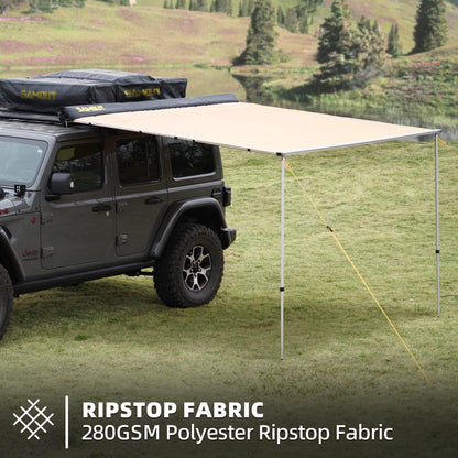 SAMOUT Vehicle Awning, 8.2ft x 10ft, Rooftop Pullout Ripstop UPF50+ Side Awning, Reinforced Hinges & Poles for Jeep/SUV/Truck/Van