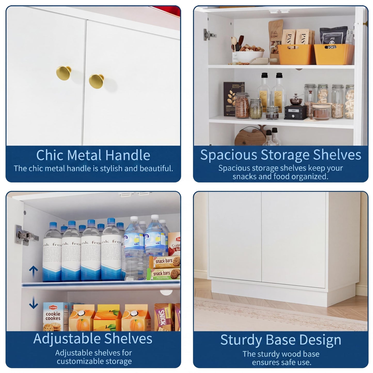 Garvee Kitchen Pantry Cabinet, 68'' Pantry Storage Cabinet with 4 Doors and 4 Adjustable Shelves, Wooden Freestanding Cupboard for Kitchen, Dining Room and Living Room and Bedroom, White