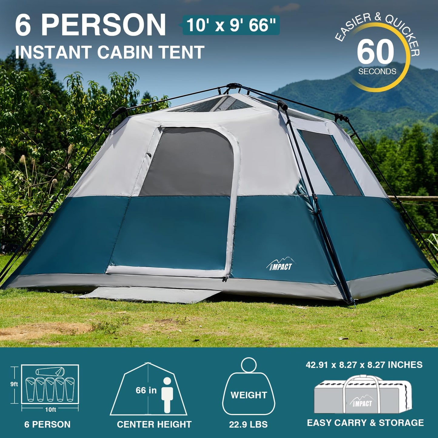 LEISURE IMPACT 6 Person Instant Camping Tent with Rainfly, 60s Easy Setup Family Cabin Tent 10x9ft, 1200mm Waterproof & Skylight Ventilation, Portable Shelter for Outdoor Camping, Hiking, Backyard
