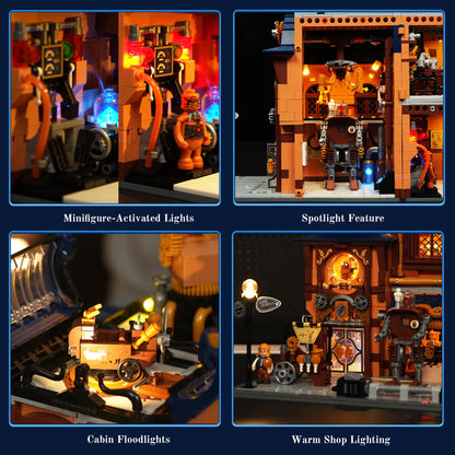 Lumibricks Steampunk Mechanical Workshop Lighting Building-Bricks Set, 2006 Pcs The Sky-Lane Repair Shop Modular Building from Aeronauts Collection Display Set for Adults and Steampunk Lovers