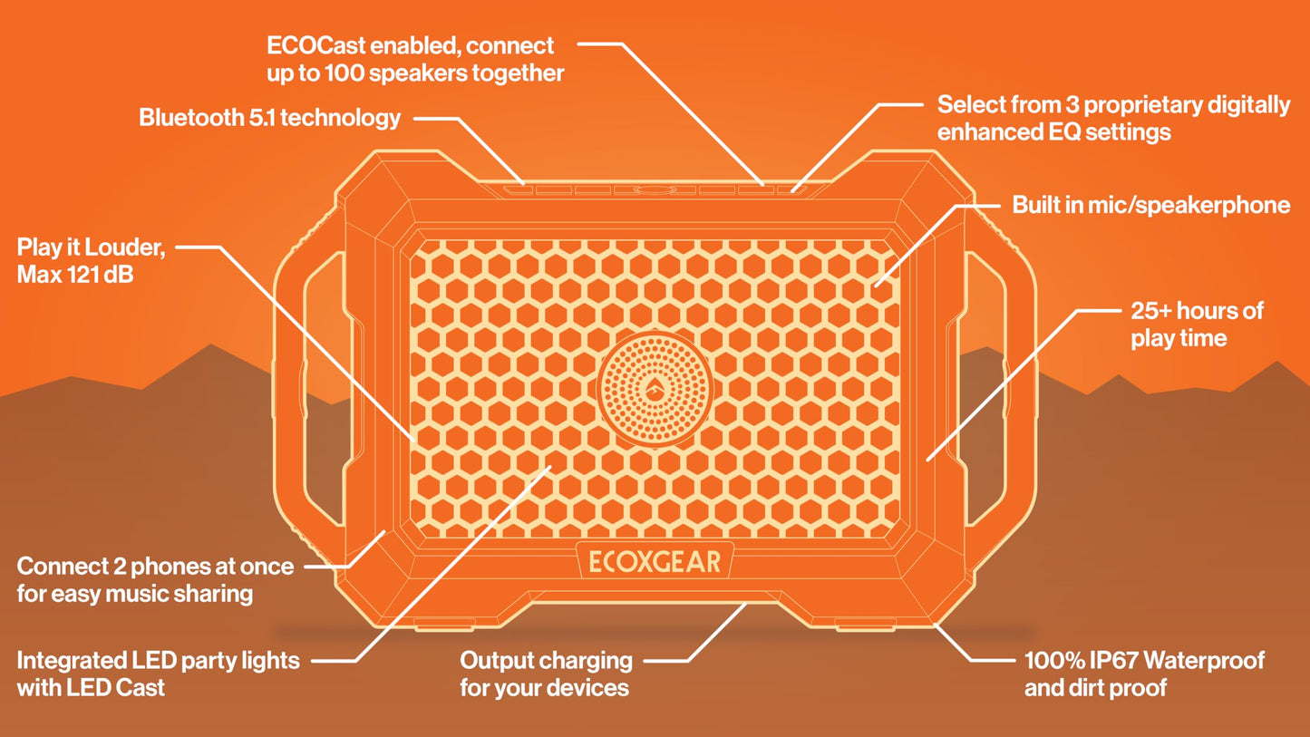 ECOXGEAR Defender: Outdoor Portable Bluetooth Speaker, 121dB Massive Sound, Waterproof and Drop Proof, with LED Party Lights, Pair up to 100, 25+ Hours Playtime (Blaze Orange)