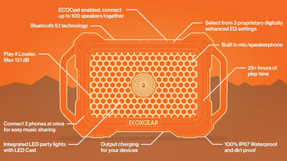 ECOXGEAR Defender: Outdoor Portable Bluetooth Speaker, 121dB Massive Sound, Waterproof and Drop Proof, with LED Party Lights, Pair up to 100, 25+ Hours Playtime (Blaze Orange)