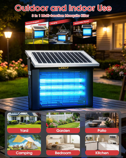 LANGY 10W Solar Bug Zapper Outdoor Waterproof, Upgrade 3-Tube 365nm Mosquito Zapper Solar Powered, Rechargeable 4500V Electric Cordless Fly Zapper Mosquitos Trap Auto On/Off for Yard Patio Camping