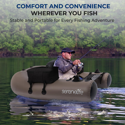Serenelife Inflatable Fishing Float Tube – PVC Belly Boat for Angling with Fishing Rod Holders, 2 Waterproof Storage Pockets, Fish Ruler, 220 lbs Capacity