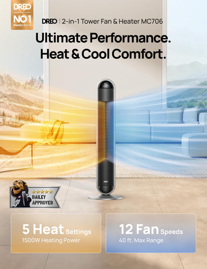 DREO Tower Fan and Heater Combo, 29.2ft/s Standing Fans for Bedroom, 17 Levels, 6 Modes, 120° Oscillation, 42 Inch, 12H Timer, 25dB Quiet, with Remote, for Office, Large Room, Silver