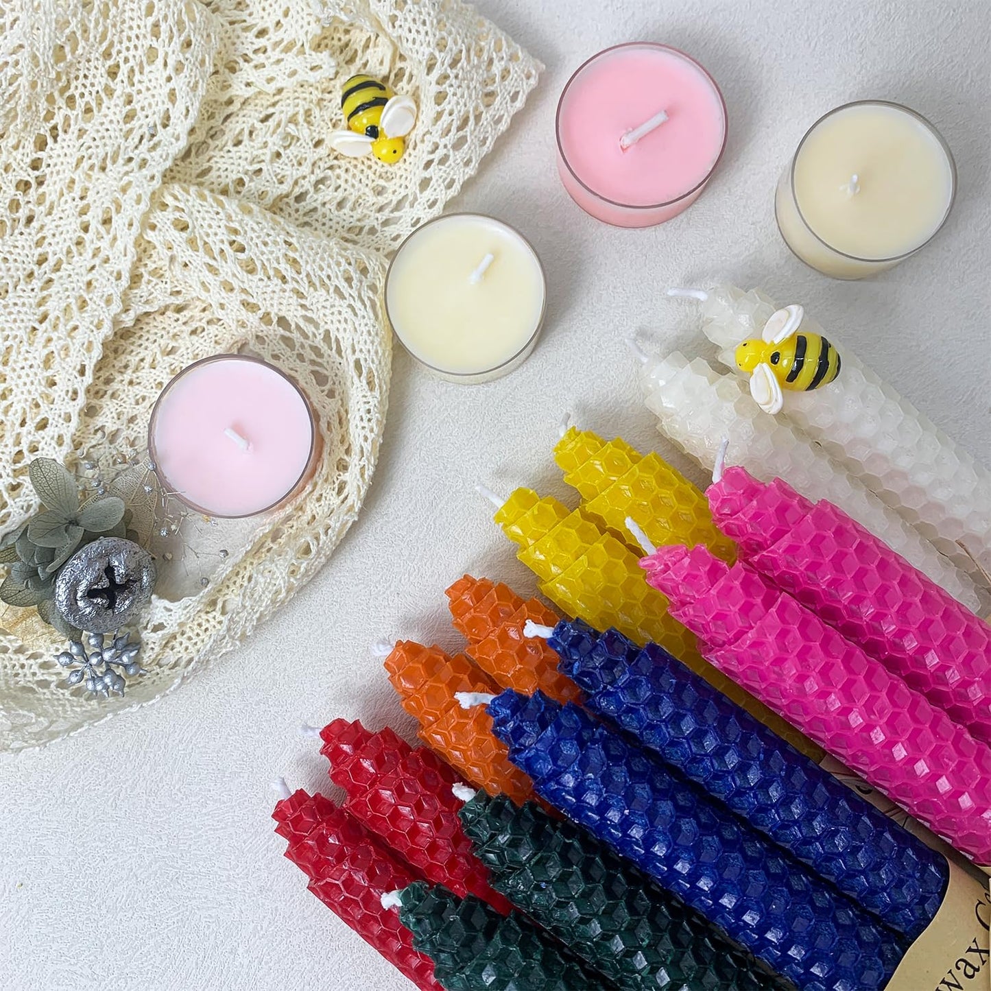 14 Pack Beeswax Taper Candles, Handmade Bees Wax Candle for Home, Dripless & Unscented Candle Sticks, 9" Tall, Rainbow Colored Candles by Kissingfish