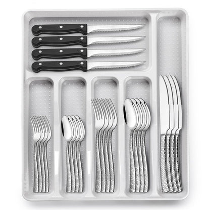 49-Piece Hammered Silverware Set with Organizer, Food-Grade Stainless Steel Flatware for 8, Cutlery Utensil Sets with Steak Knives, Rust-proof, Mirror Polished, Dishwasher Safe, Wave Hammered