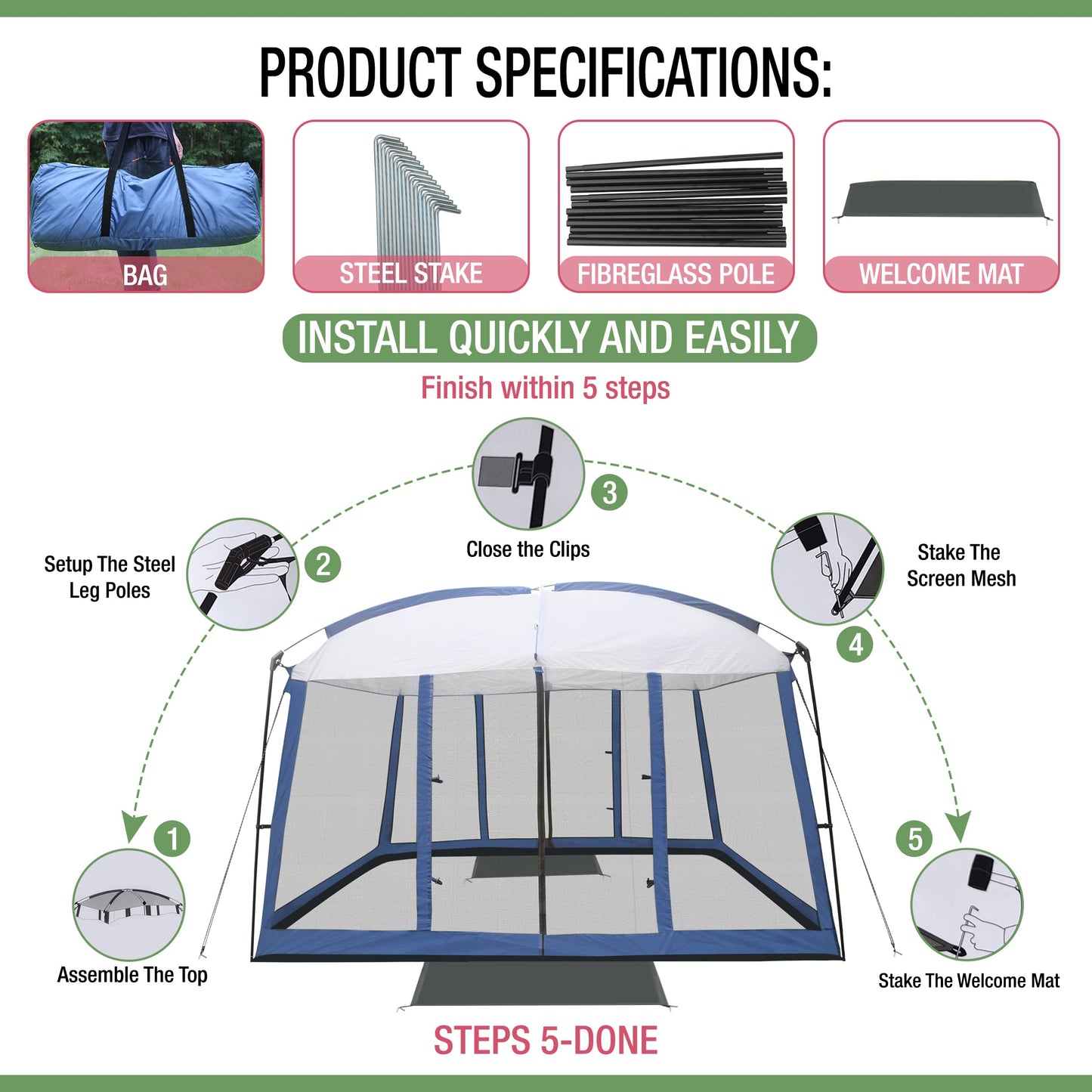 Backyard Expressions 11' x 9' Screen Tent - Blue Screen House for Backyard, Camping, Picnics and Tailgating - 914891