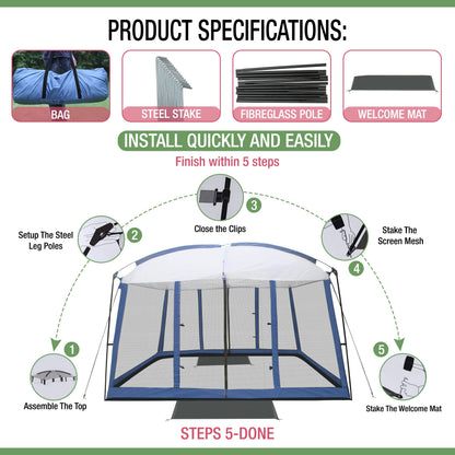 Backyard Expressions 11' x 9' Screen Tent - Blue Screen House for Backyard, Camping, Picnics and Tailgating - 914891