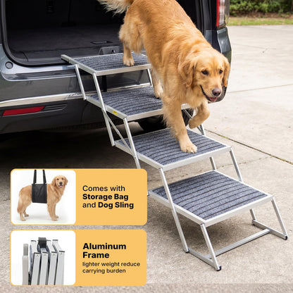 Veehoo Extra Wide Dog Steps for Car SUV Truck Foldable, 4 Steps Portable Aluminum Dog Stairs for Injured Senior Large Dogs 20" Wide, Heavy Duty Pet Ramp Ladder with Non Slip Surface, up to 170lbs