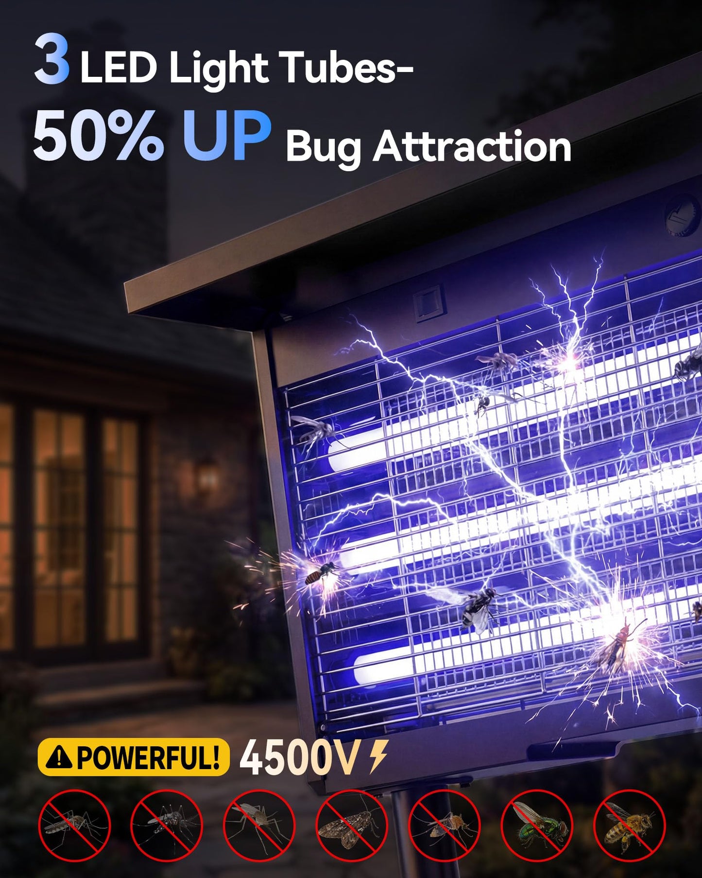 𝟐𝟎𝟐𝟔 𝐔𝐩𝐠𝐫𝐚𝐝𝐞𝐝 3 Tubes Solar Bug Zapper Outdoor, Mosquito Zapper Waterproof Electric Fly Zapper Rechargeable Mosquito Killer, Cordless Fly Insect Trap for Yard, Patio, Home, Garden, Camping