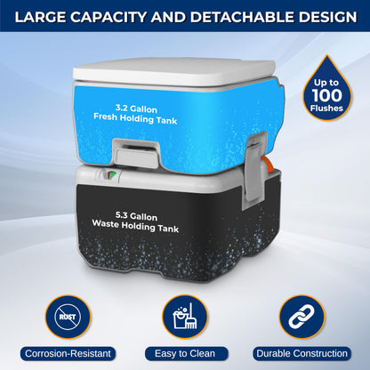 SereneLife 5.2 Gal Portable Camping Toilet For Adults, 100+ Flushes, Porta Potty Camp Toilet with Detachable Waste Tank, Level Indicator, Carry Bag, Suitable for Camping, Hiking, and Boating