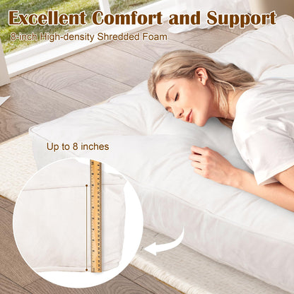 8" Futon Mattress Full Size, Floor Mattress for Adults, Foldable Sofa Couch Bed with Shredded Foam Filling, Comfy Sleeping Mat for Guest, Camping, Dorm, White(Frame Not Included), 54" x 80"