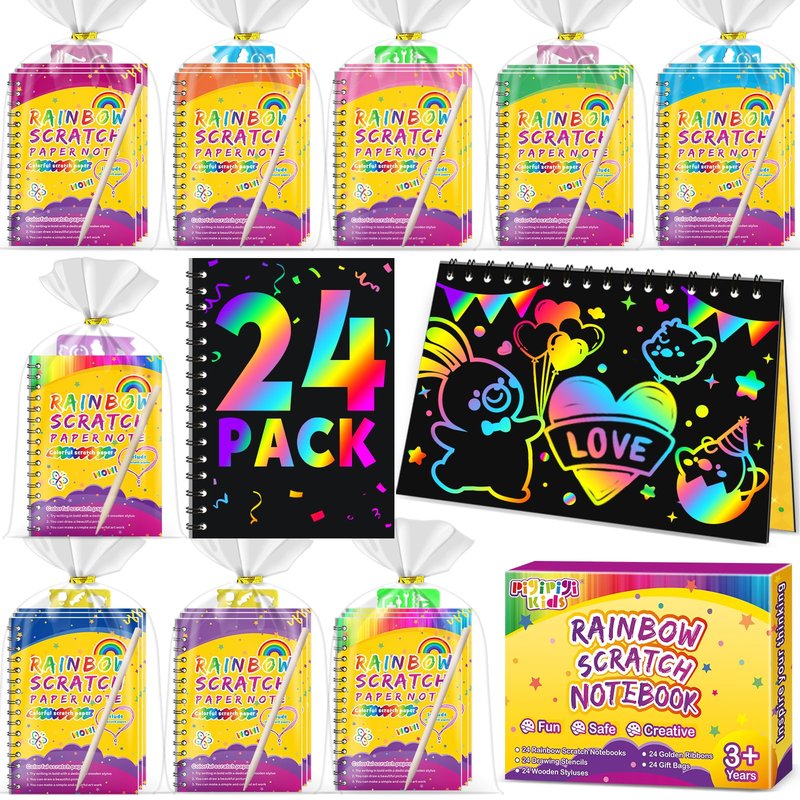 Party Favors for Kids 4-8-12: 24 Pack Scratch Rainbow Art Crafts Notebook, Coloring Book Goodie Bags Stuffers Kit, Bulk Birthday Gift Classroom Prizes Girl Boy Toddler