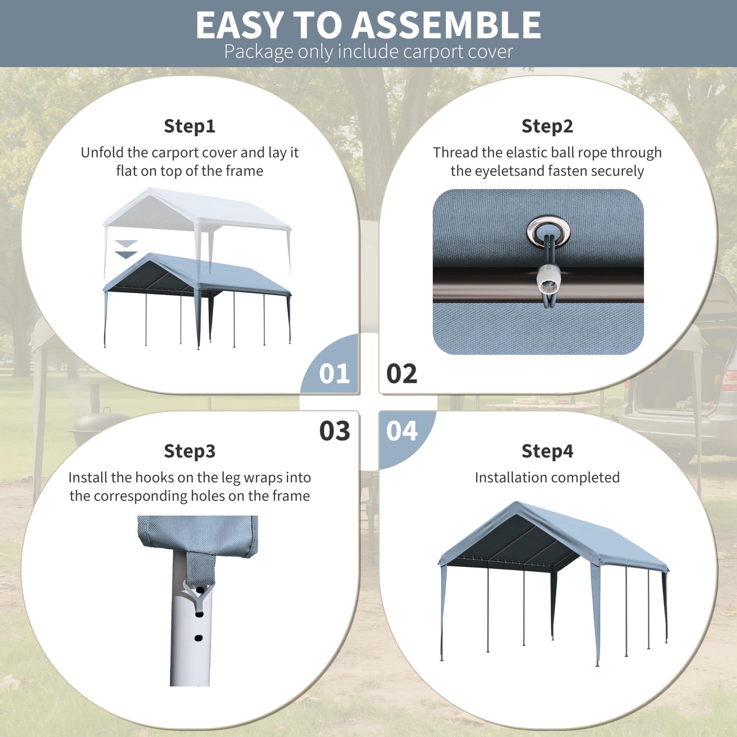 Pakunoda Carport Replacement Canopy Cover 10'x20' for Tent Top Garage Shelter Cover, 800D Heavy Duty Oxford Waterproof & UV Protected Car Canopy Tarp with Ball Bungees (Frame is not Included)