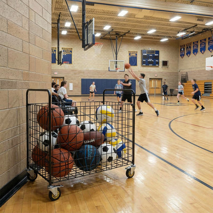 MyGift Ball Storage, Basketball Holder, Professional Gym Metal Multi Sports Ball Cart with Jumbo Industrial Wheels, Commercial Grade Portable Equipment Locker Cage for Football, Soccer, Volleyball