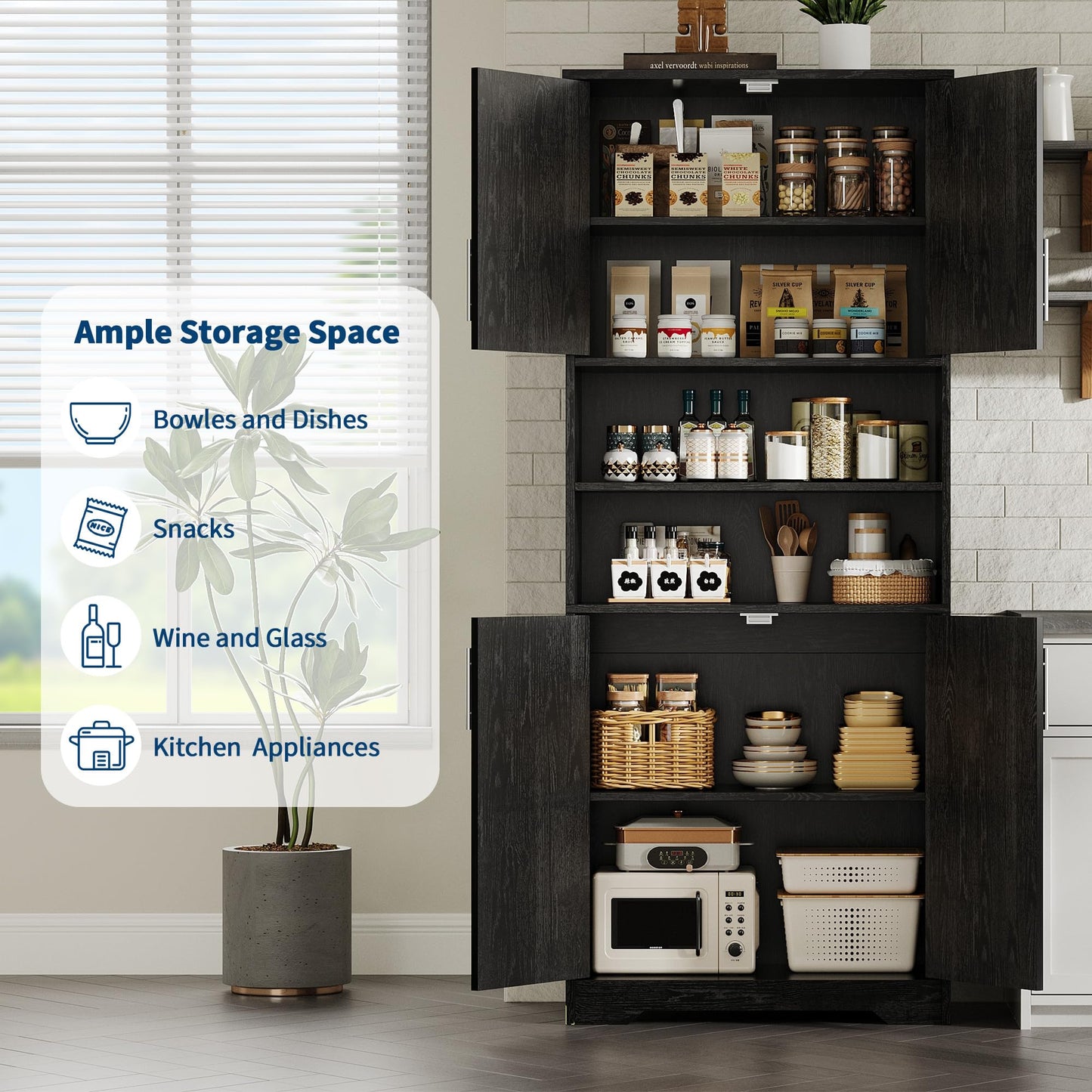 GarveeHome 72'' Tall Kitchen Pantry Cabinet, Freestanding Storage Cabinet with Doors and Shelves, Wooden Food Pantry Farmhouse Cupboard Buffet for Kitchen Dining Living Room, Black