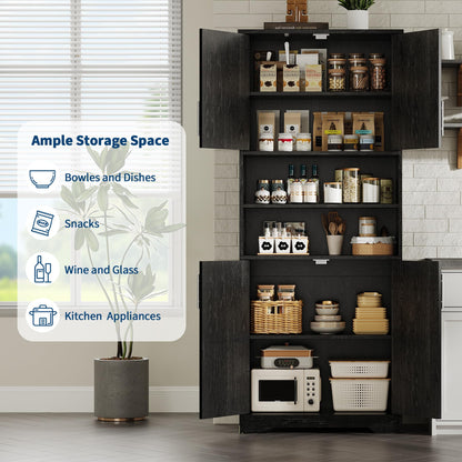 GarveeHome 72'' Tall Kitchen Pantry Cabinet, Freestanding Storage Cabinet with Doors and Shelves, Wooden Food Pantry Farmhouse Cupboard Buffet for Kitchen Dining Living Room, Black