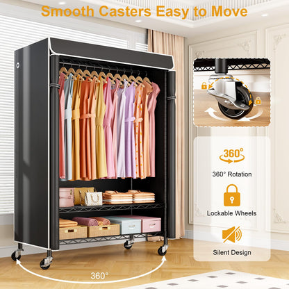 ULIFHOME P6C Plus Rolling Clothes Rack with Cover, Covered Clothing Rack Heavy Duty, Portable Closet for Hanging Clothes, Garment Rack on Wheels, Black Closet Rack with Black Cover, Max Load 375LBS