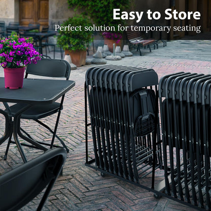Our Modern Space 10 Pack Foldable Plastic Chair | Folding & Stackable | 350 lbs Capacity Steel Frame Seats for Indoor Outdoor | Commercial Use Events Wedding Party Bulk Picnic Kitchen Dining - Black