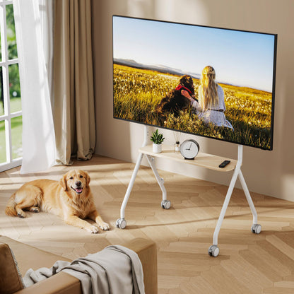 ECOTINY Rolling Easel TV Stand for 49–80 Inch TVs, Mobile TV Cart with Lockable Wheels, Height Adjustable Floor Stand with Wood Shelves and Cable Management, VESA 600x400, White