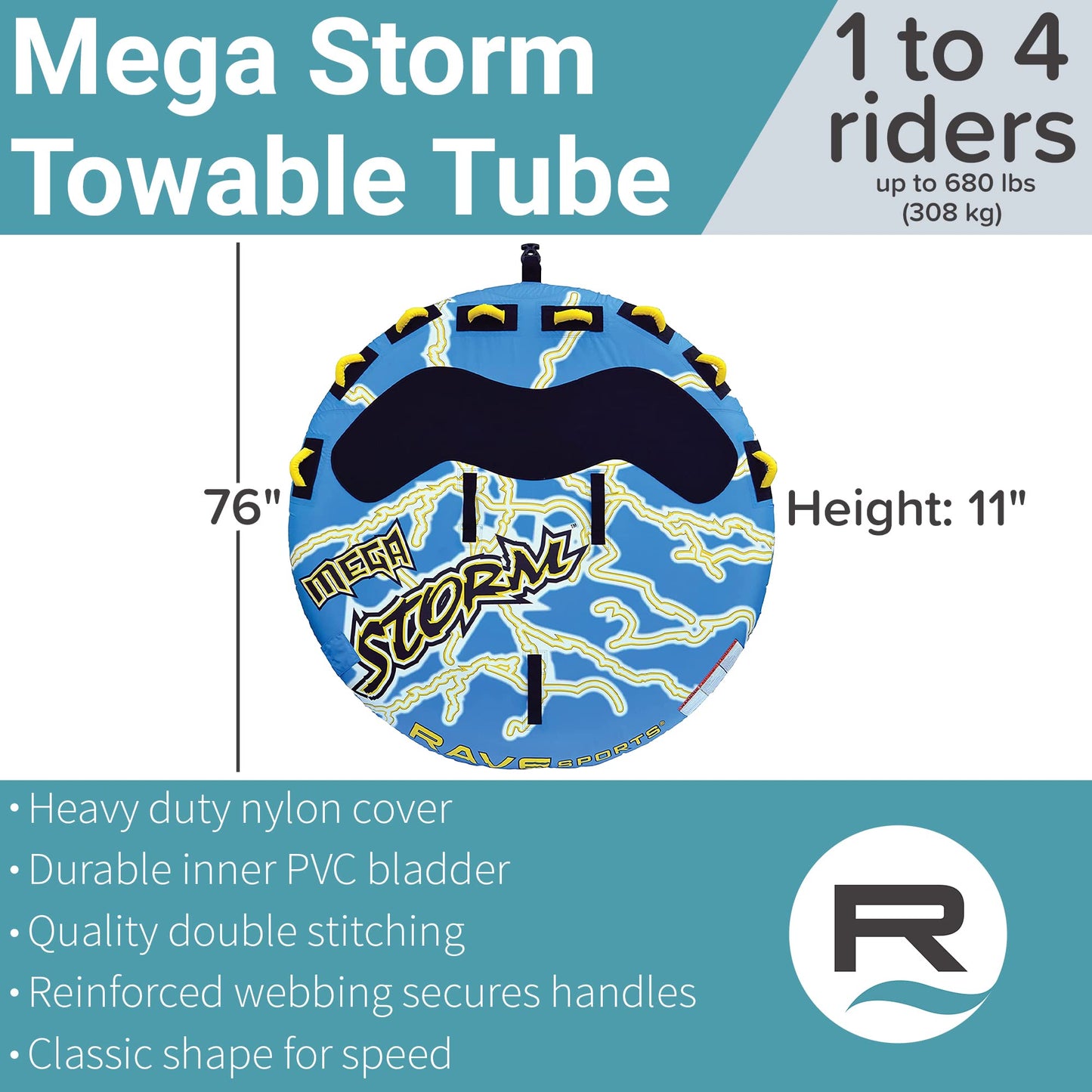 Rave Sports Mega Storm Boat Towable Tube - Inflatable Boating Tube for 1-4 Riders - Heavy-Duty Inflatable Tube for Boats to Pull - Water Sports Towable with Quick Connector Tow Point
