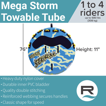 Rave Sports Mega Storm Boat Towable Tube - Inflatable Boating Tube for 1-4 Riders - Heavy-Duty Inflatable Tube for Boats to Pull - Water Sports Towable with Quick Connector Tow Point