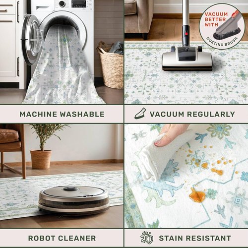 Hazo Haus Oushak 3x20 Wide Hallway Runner Rug - Vintage Turkish Floral Design, Washable Non-Slip | Blue & Green 20ft Extra Long for Large Spaces