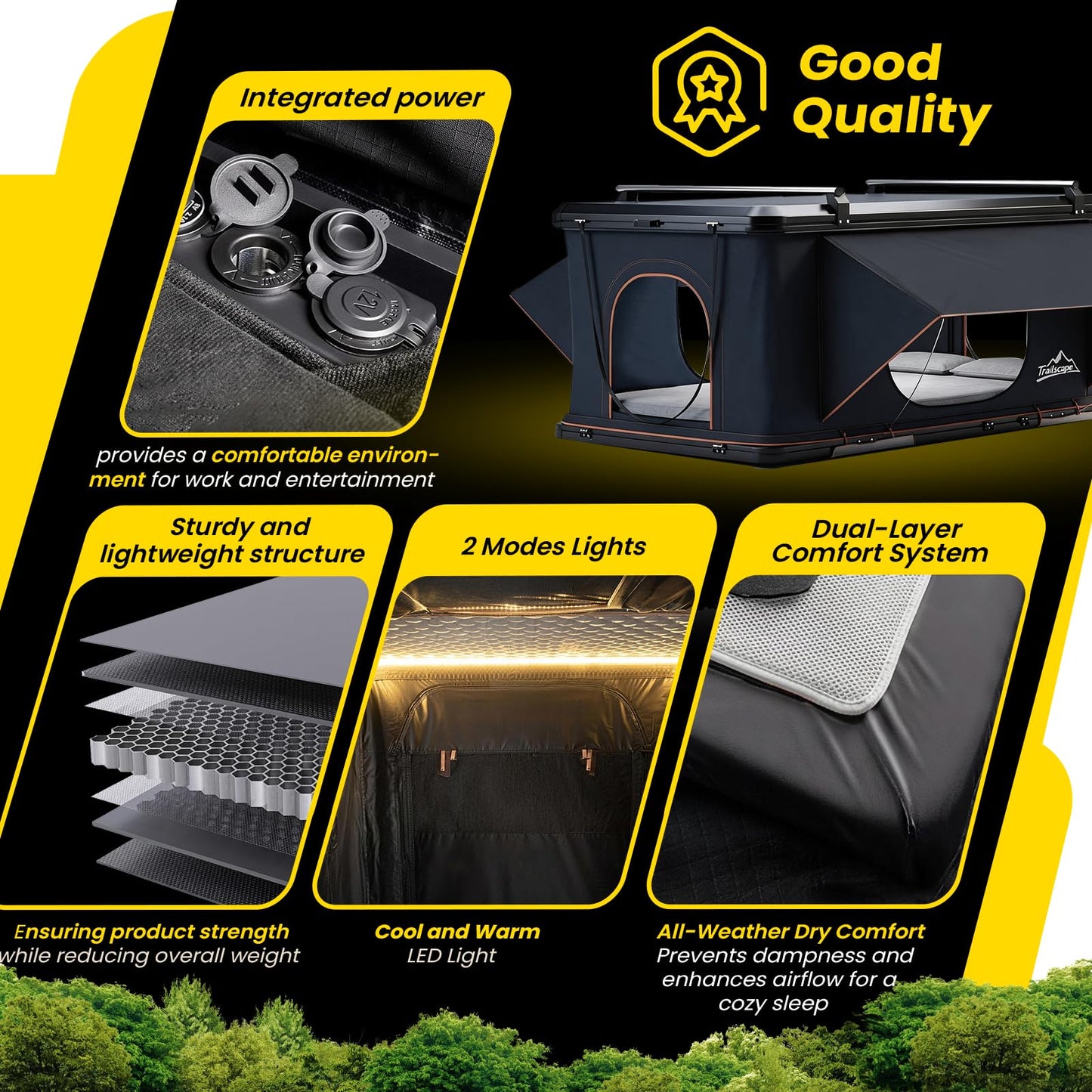 JIADROOE Hard Shell Roof Top Tent with Adjustable Crossbars, 4-Season Waterproof Pop-up Tent with Detachable Thermal Insulation Liner, Anti-Condensation Mat & USB Power Hub for Trucks, SUVs, Vans