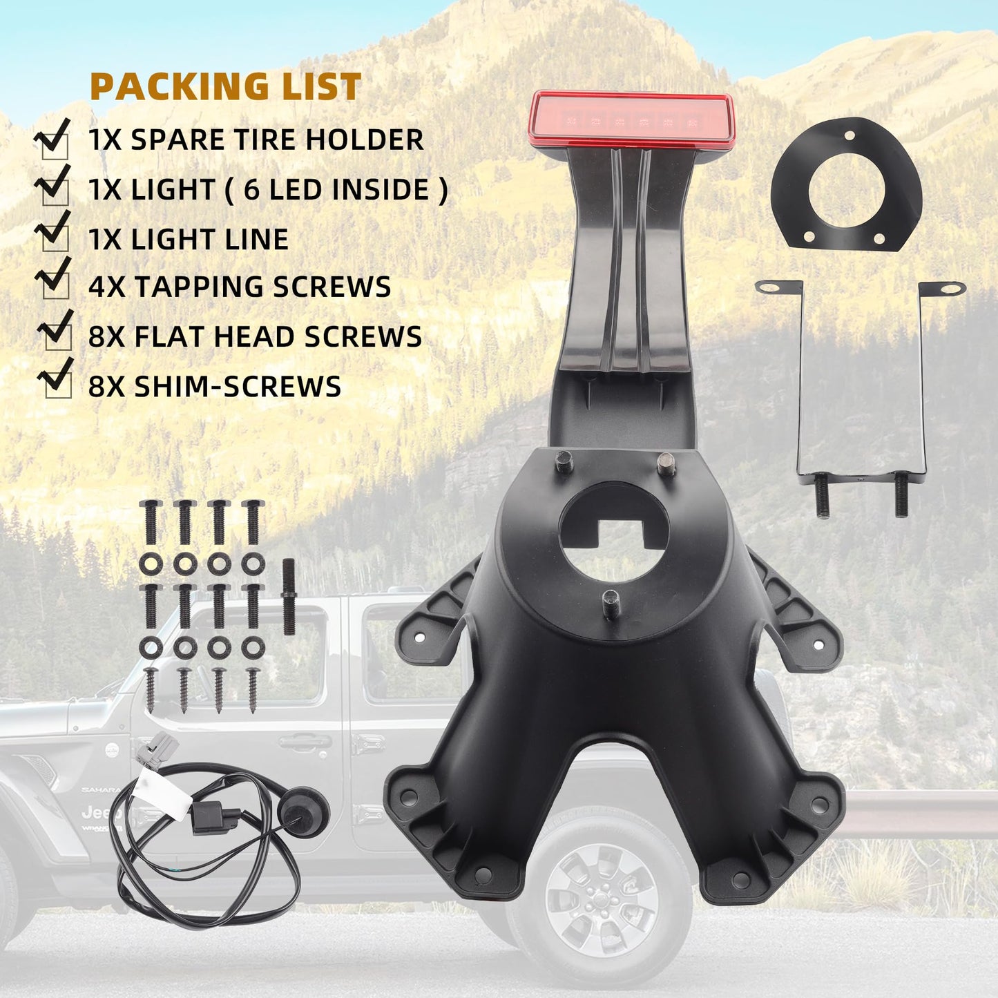 Dasbecan 55397217AJ Spare Tire Holder Bracket Tire Carrier Rack Compatible with Jeep Wrangler JK 2007-2018 68048581AA High Center Mount 3rd Third Brake Light Assembly with Line